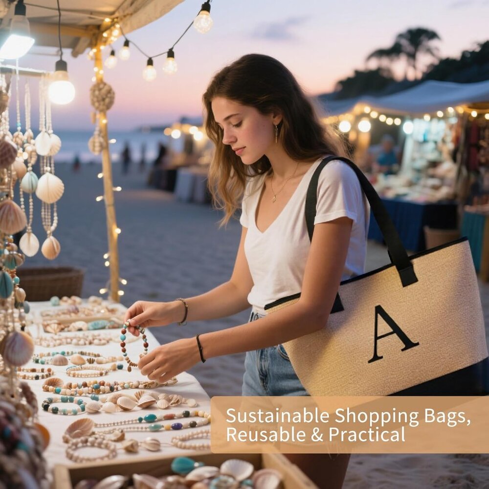 Woven Tote Bag for Women, Lightweigh Monogram Beach Bag with Zipper & Sand-Proof - Picture 8 of 10